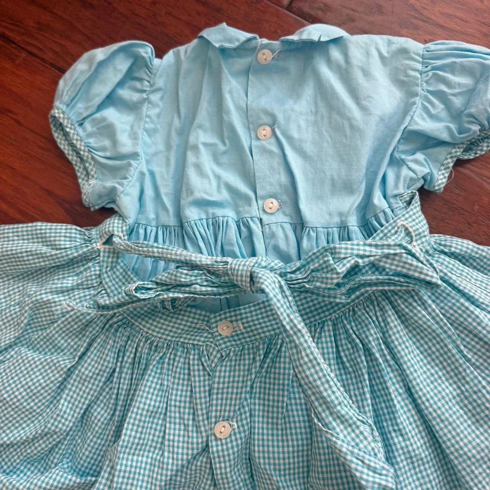 Vintage Handmade Dress 0-3M Blue Gingham Cottagecore Apron Storybook Peter Pan
